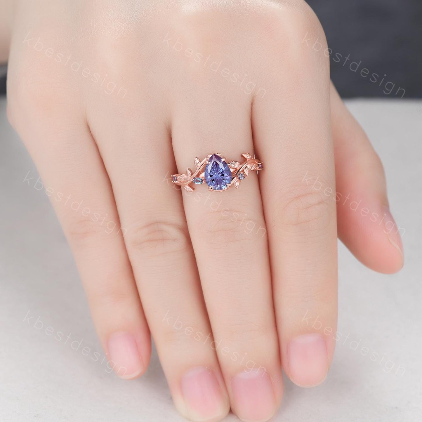 Vintage firework cut alexandrite engagement ring rose gold art deco twig leaf ring natural inspired ring unique bridal promise ring for her