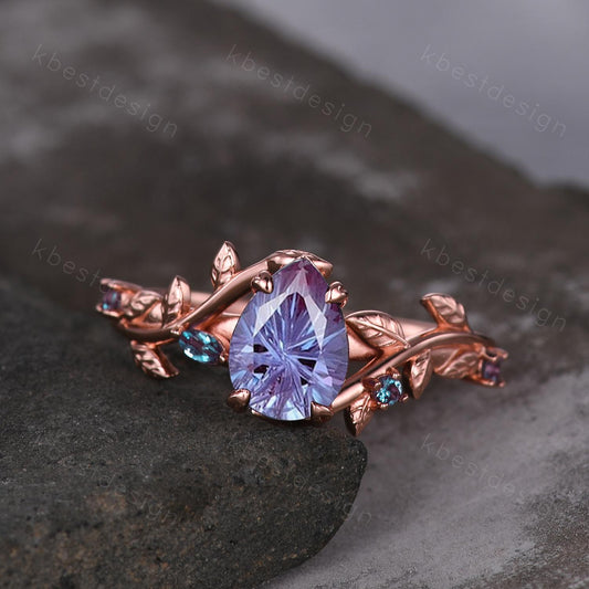 Vintage firework cut alexandrite engagement ring rose gold art deco twig leaf ring natural inspired ring unique bridal promise ring for her