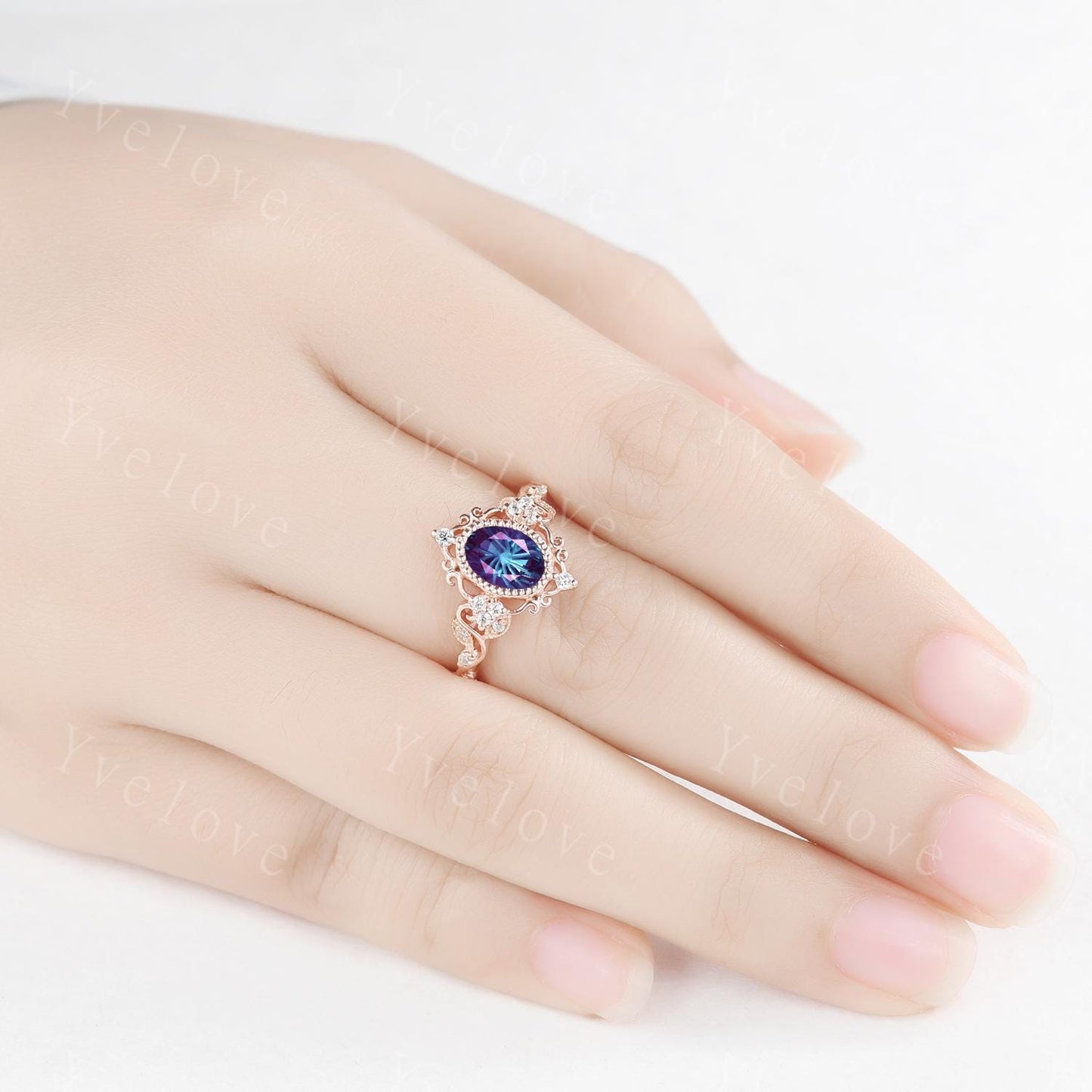 Unique Oval Firework Cut Alexandrite Engagement Ring Filigree 14k Rose Gold Band Vintage Diamond Ring Bridal Ring Cluster Promise Ring Gift