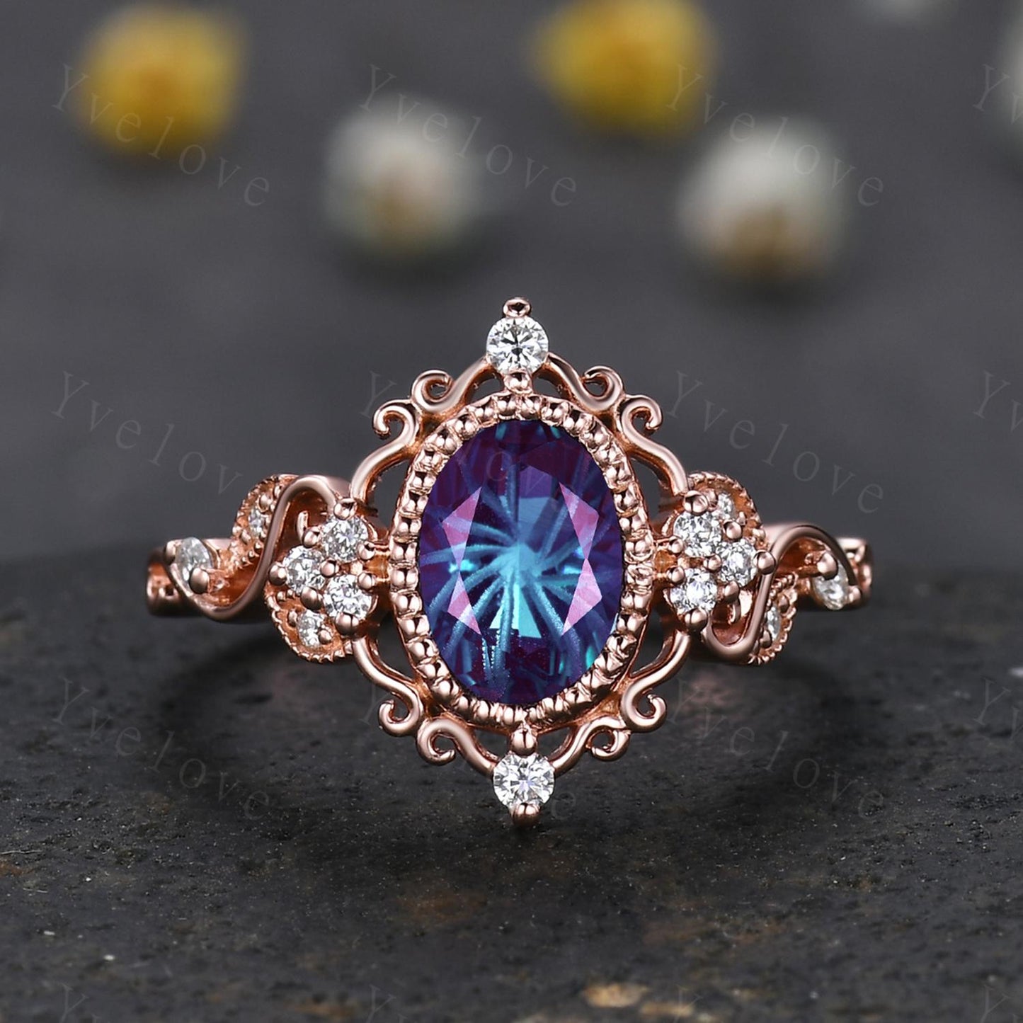 Unique Oval Firework Cut Alexandrite Engagement Ring Filigree 14k Rose Gold Band Vintage Diamond Ring Bridal Ring Cluster Promise Ring Gift