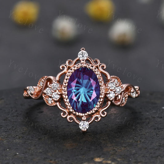 Unique Oval Firework Cut Alexandrite Engagement Ring Filigree 14k Rose Gold Band Vintage Diamond Ring Bridal Ring Cluster Promise Ring Gift