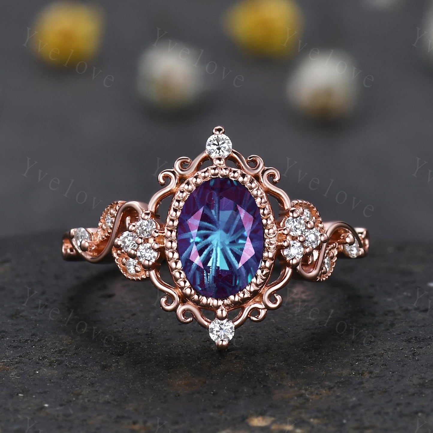 Unique Oval Firework Cut Alexandrite Engagement Ring Set Filigree Rose Gold Band Vintage Diamond Ring Bridal Set Cluster Promise Ring Gift