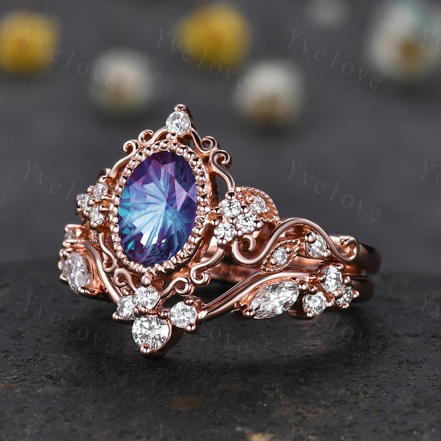 Unique Oval Firework Cut Alexandrite Engagement Ring Set Filigree Rose Gold Band Vintage Diamond Ring Bridal Set Cluster Promise Ring Gift