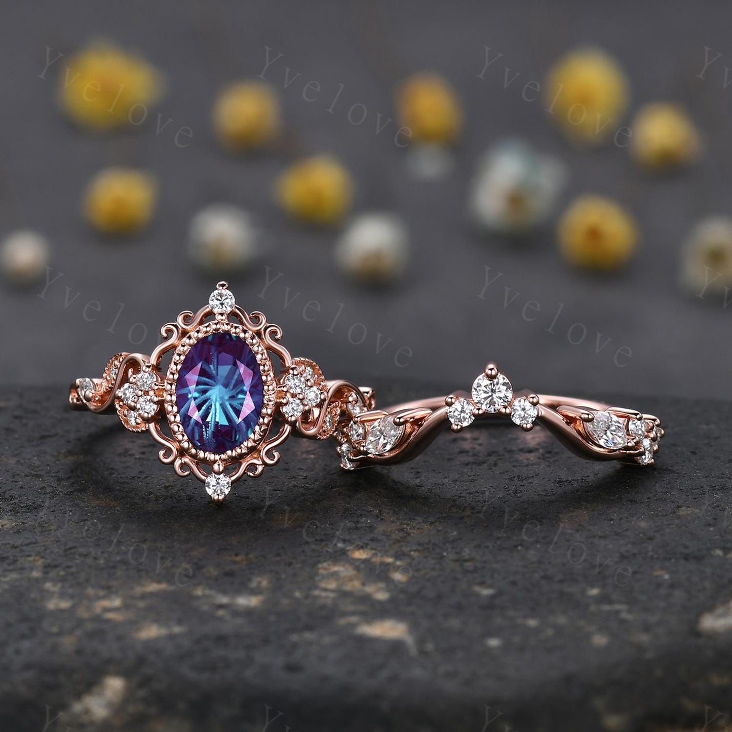 Unique Oval Firework Cut Alexandrite Engagement Ring Set Filigree Rose Gold Band Vintage Diamond Ring Bridal Set Cluster Promise Ring Gift