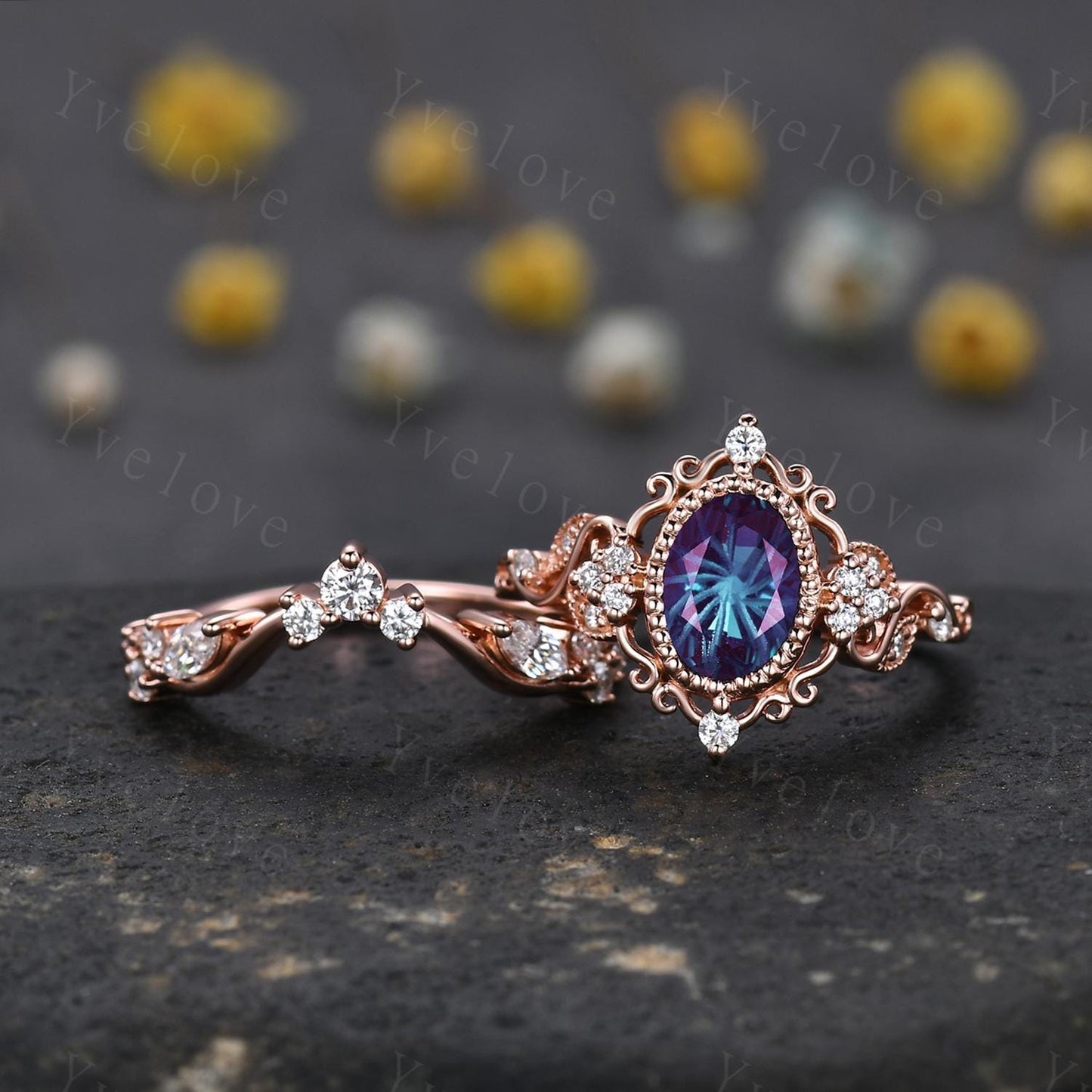 Unique Oval Firework Cut Alexandrite Engagement Ring Set Filigree Rose Gold Band Vintage Diamond Ring Bridal Set Cluster Promise Ring Gift