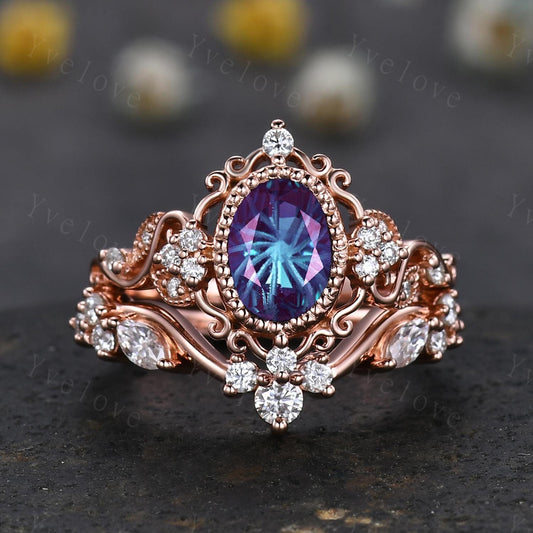 Unique Oval Firework Cut Alexandrite Engagement Ring Set Filigree Rose Gold Band Vintage Diamond Ring Bridal Set Cluster Promise Ring Gift