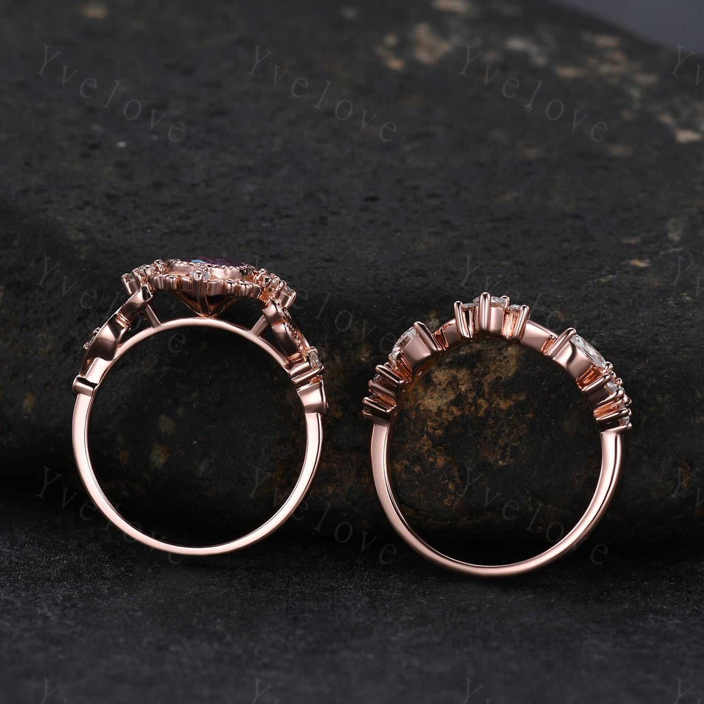 Unique Oval Firework Cut Alexandrite Engagement Ring Set Filigree Rose Gold Band Vintage Diamond Ring Bridal Set Cluster Promise Ring Gift