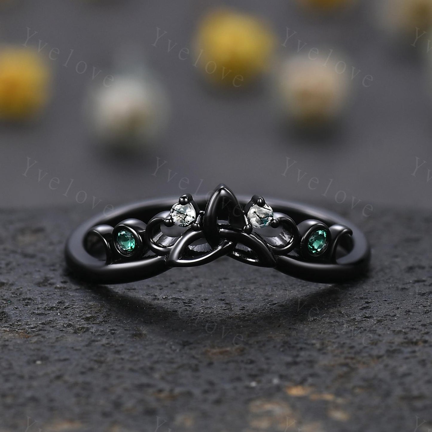 Celtic Knot Ring,Green Emerald Wedding band,Vintage Retro Black Gold Ring Moss Agate Jewelry Stacking Matching Band Bridal Ring Gift For Her