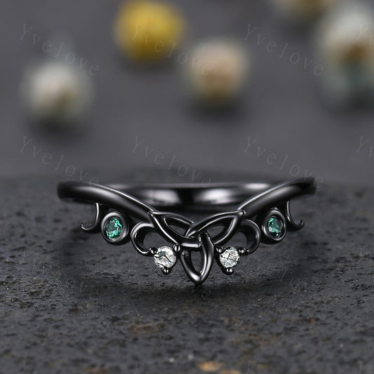 Celtic Knot Ring,Green Emerald Wedding band,Vintage Retro Black Gold Ring Moss Agate Jewelry Stacking Matching Band Bridal Ring Gift For Her