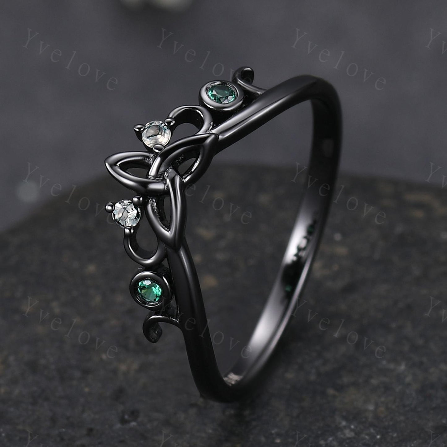 Celtic Knot Ring,Green Emerald Wedding band,Vintage Retro Black Gold Ring Moss Agate Jewelry Stacking Matching Band Bridal Ring Gift For Her