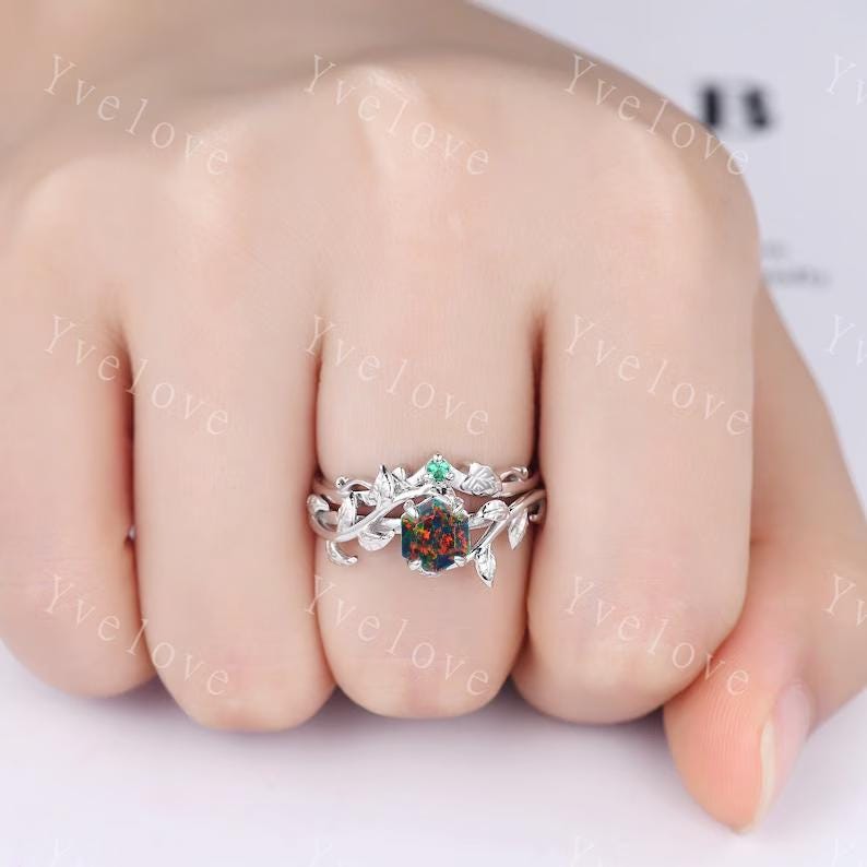 Hexagon Black Fire Opal Ring,Vintage Twig Vine Leaf Ring,Unique Black Opal Engagement Ring,Emerald Ring,Promise Anniversary Bridal Ring Gift