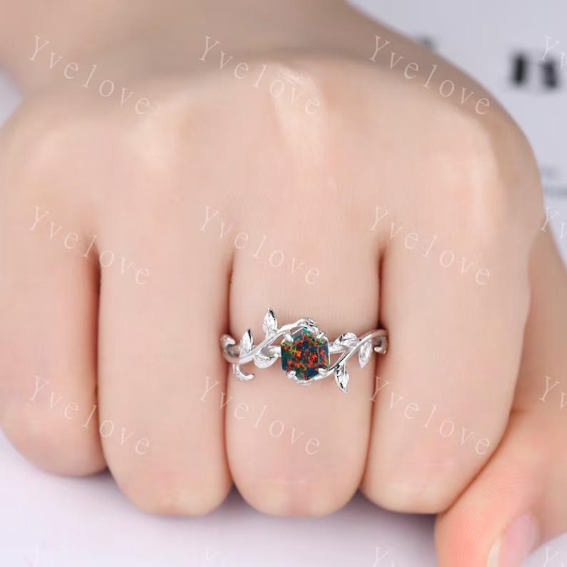 Hexagon Black Fire Opal Ring,Vintage Twig Vine Leaf Ring,Unique Black Opal Engagement Ring,Emerald Ring,Promise Anniversary Bridal Ring Gift