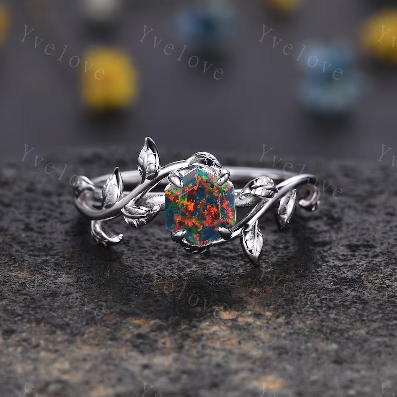 Hexagon Black Fire Opal Ring,Vintage Twig Vine Leaf Ring,Unique Black Opal Engagement Ring,Emerald Ring,Promise Anniversary Bridal Ring Gift