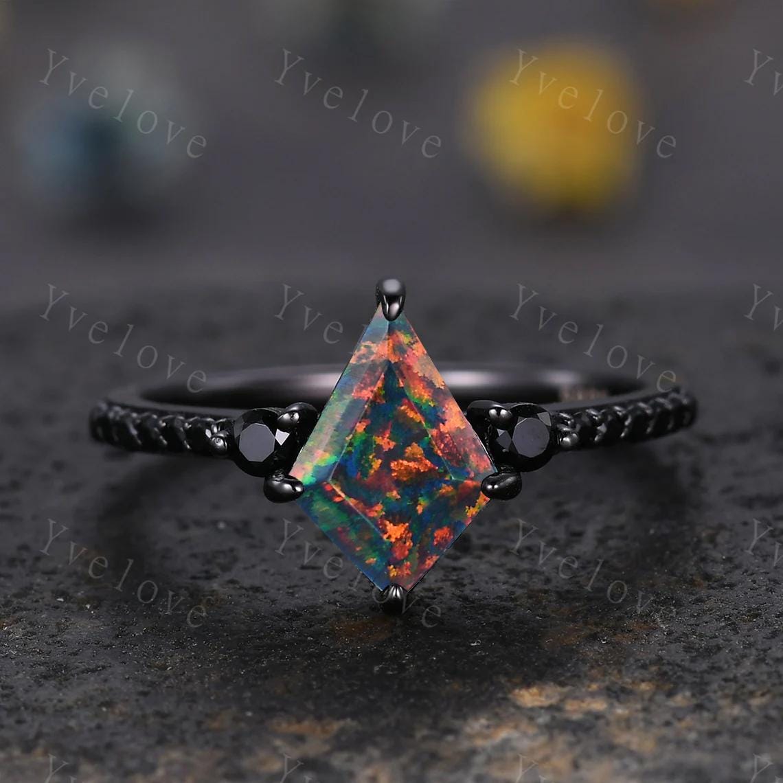Retro Kite Black Fire Opal Engagement Ring,Vintage Opal Black Silver Ring Set,Unique Black Spinel Diamond Promise Ring Anniversary Gift
