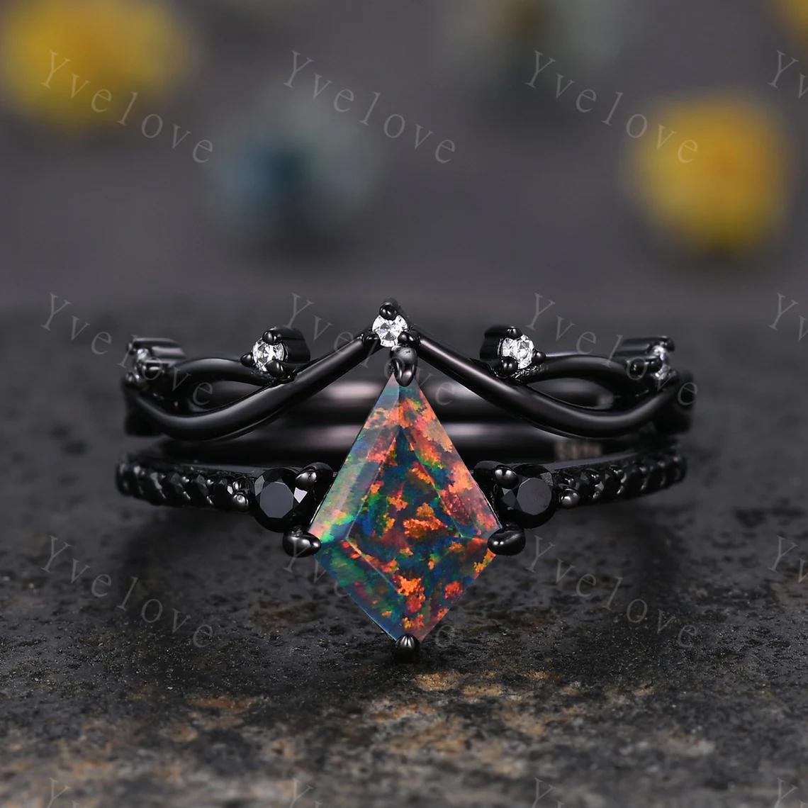 Retro Kite Black Fire Opal Engagement Ring,Vintage Opal Black Silver Ring Set,Unique Black Spinel Diamond Promise Ring Anniversary Gift