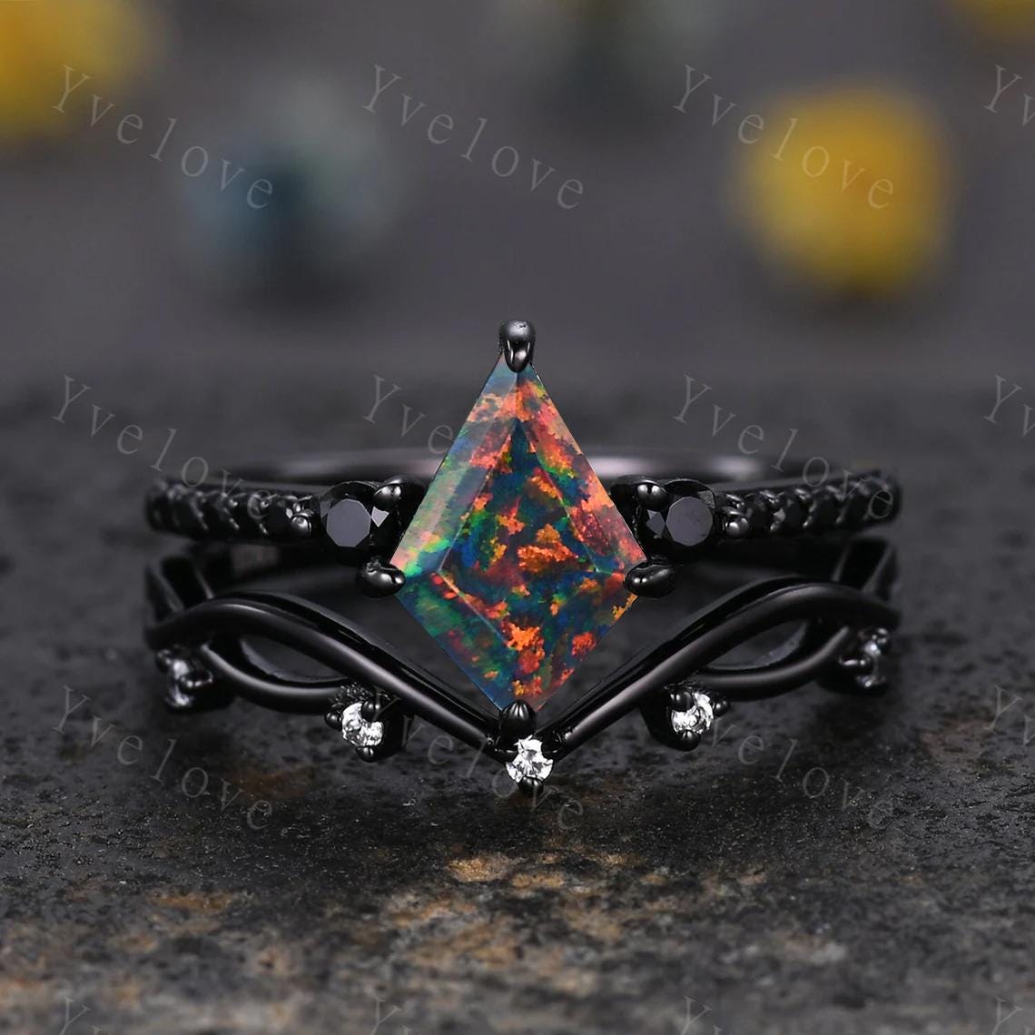 Retro Kite Black Fire Opal Engagement Ring,Vintage Opal Black Silver Ring Set,Unique Black Spinel Diamond Promise Ring Anniversary Gift