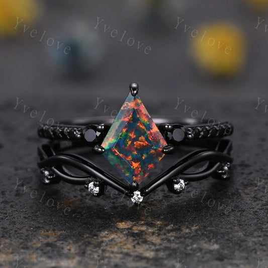 Retro Kite Black Fire Opal Engagement Ring,Vintage Opal Black Silver Ring Set,Unique Black Spinel Diamond Promise Ring Anniversary Gift