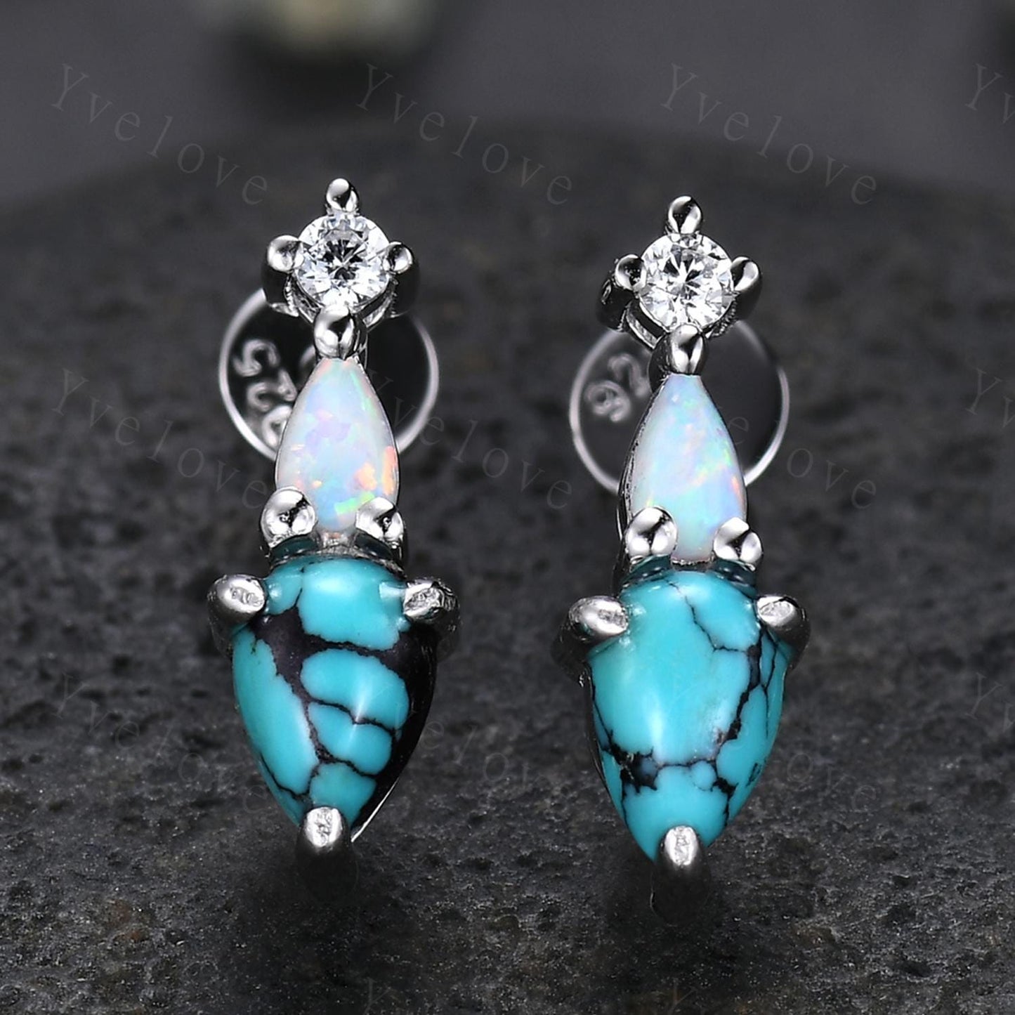 Unique Turquoise Opal Earrings,Pear Cut Gems,Art Deco Moissanite Diamond Delicate Dainty Stud Earrings,3 Stone Minimalist Women Gift for Her