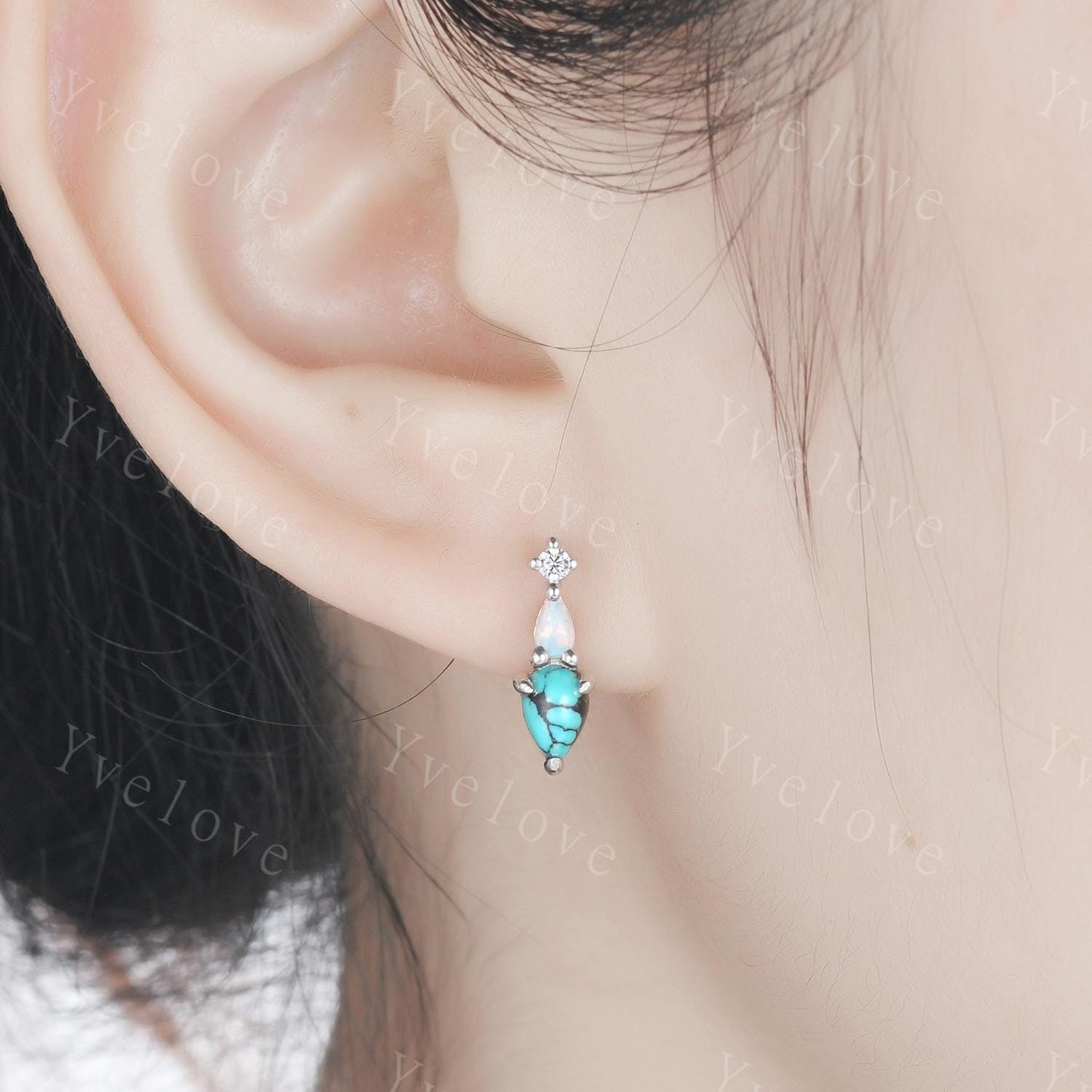 Unique Turquoise Opal Earrings,Pear Cut Gems,Art Deco Moissanite Diamond Delicate Dainty Stud Earrings,3 Stone Minimalist Women Gift for Her