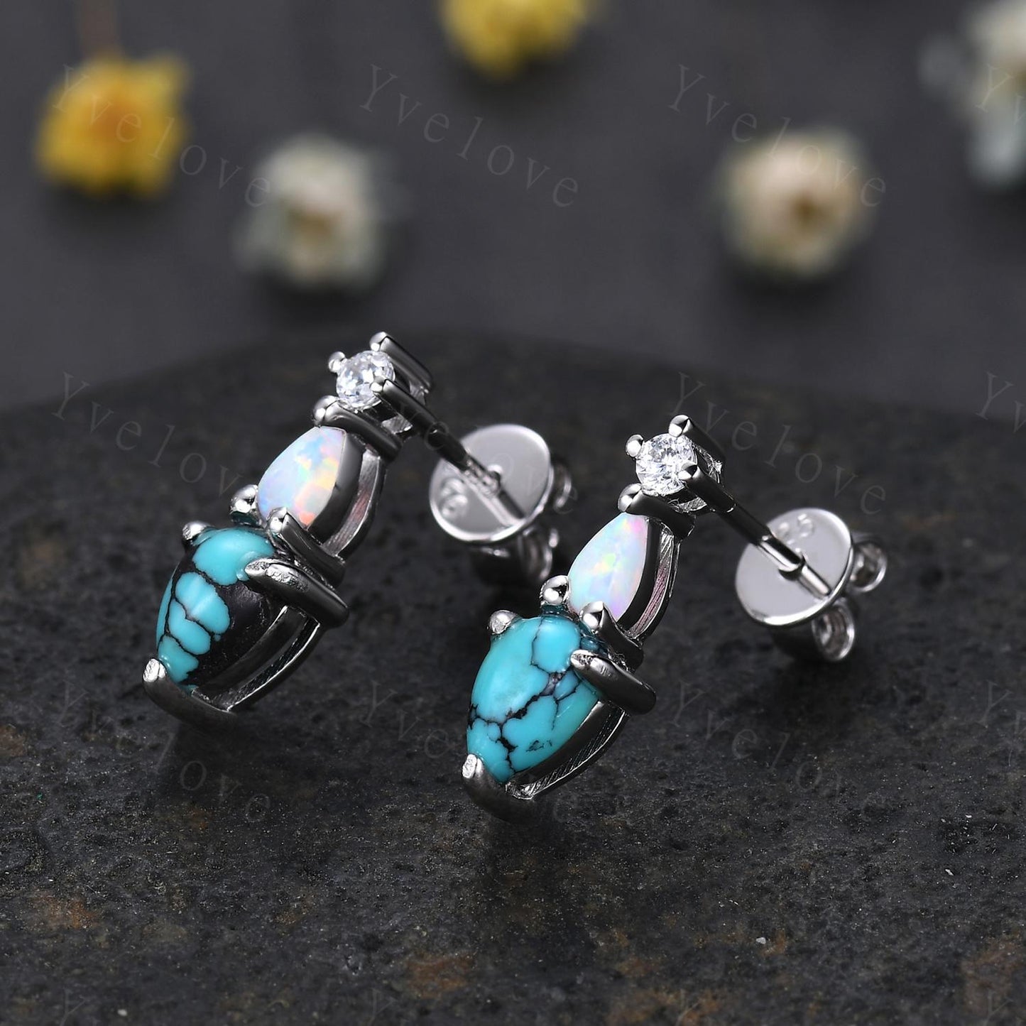 Unique Turquoise Opal Earrings,Pear Cut Gems,Art Deco Moissanite Diamond Delicate Dainty Stud Earrings,3 Stone Minimalist Women Gift for Her
