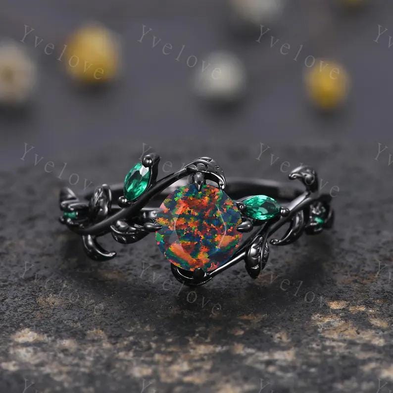 Vintage Round Black Fire Opal Engagement Ring,Black Gold,Leaf Peridot Amethyst Ring,Women Bridal Set,Unique Anniversary Gift Promise Ring