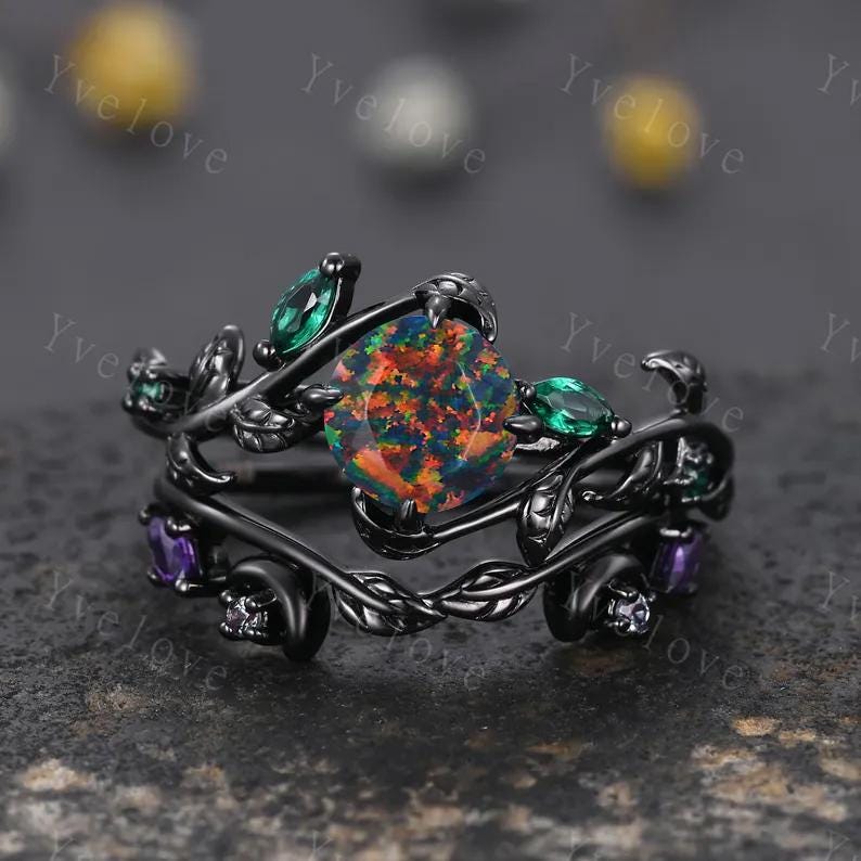 Vintage Round Black Fire Opal Engagement Ring,Black Gold,Leaf Peridot Amethyst Ring,Women Bridal Set,Unique Anniversary Gift Promise Ring