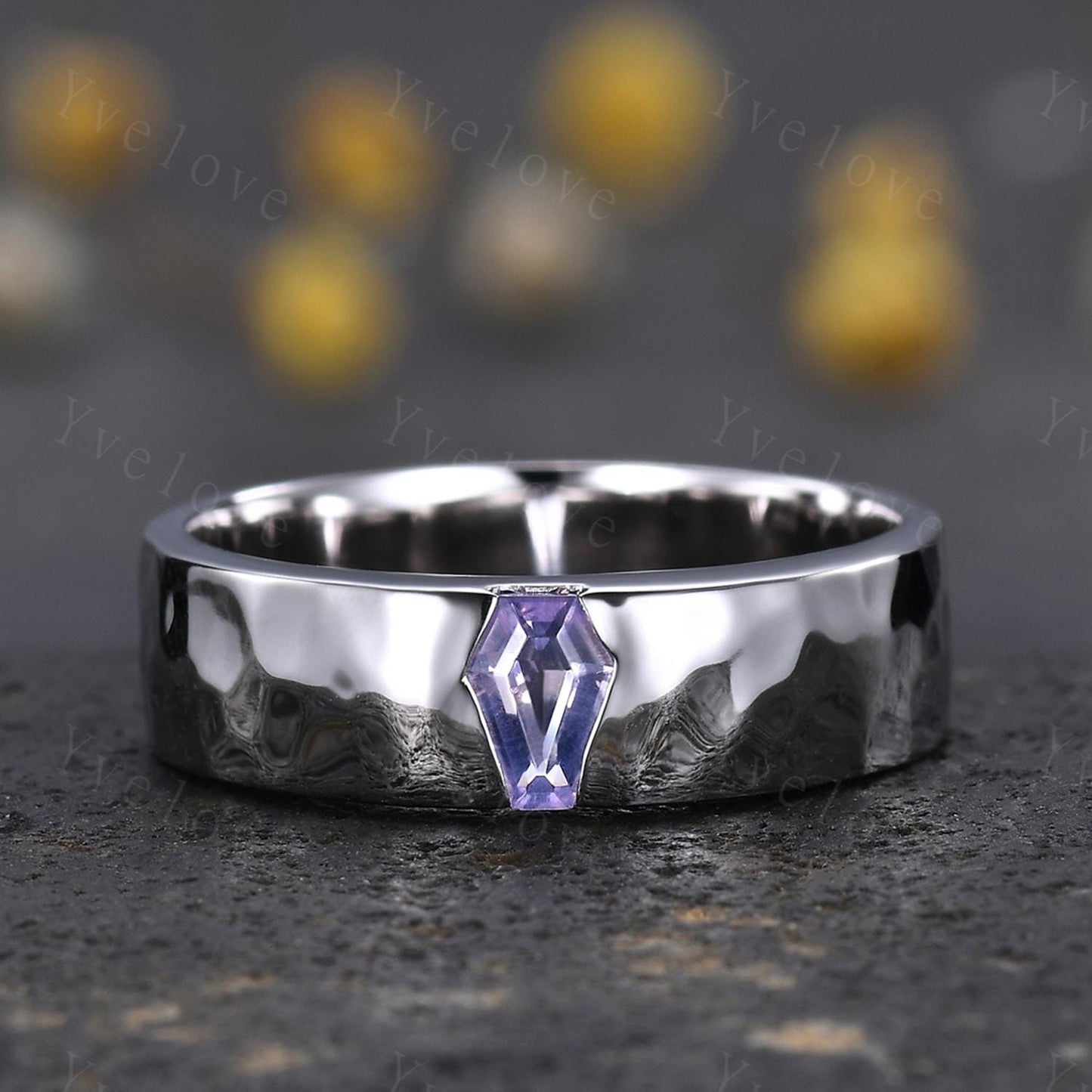 7mm Mens Coffin Cut Amethyst Wedding Band Lavender Amethyst Engagement Ring Hammered Finish White Gold Band Mens Stacking Matching Band