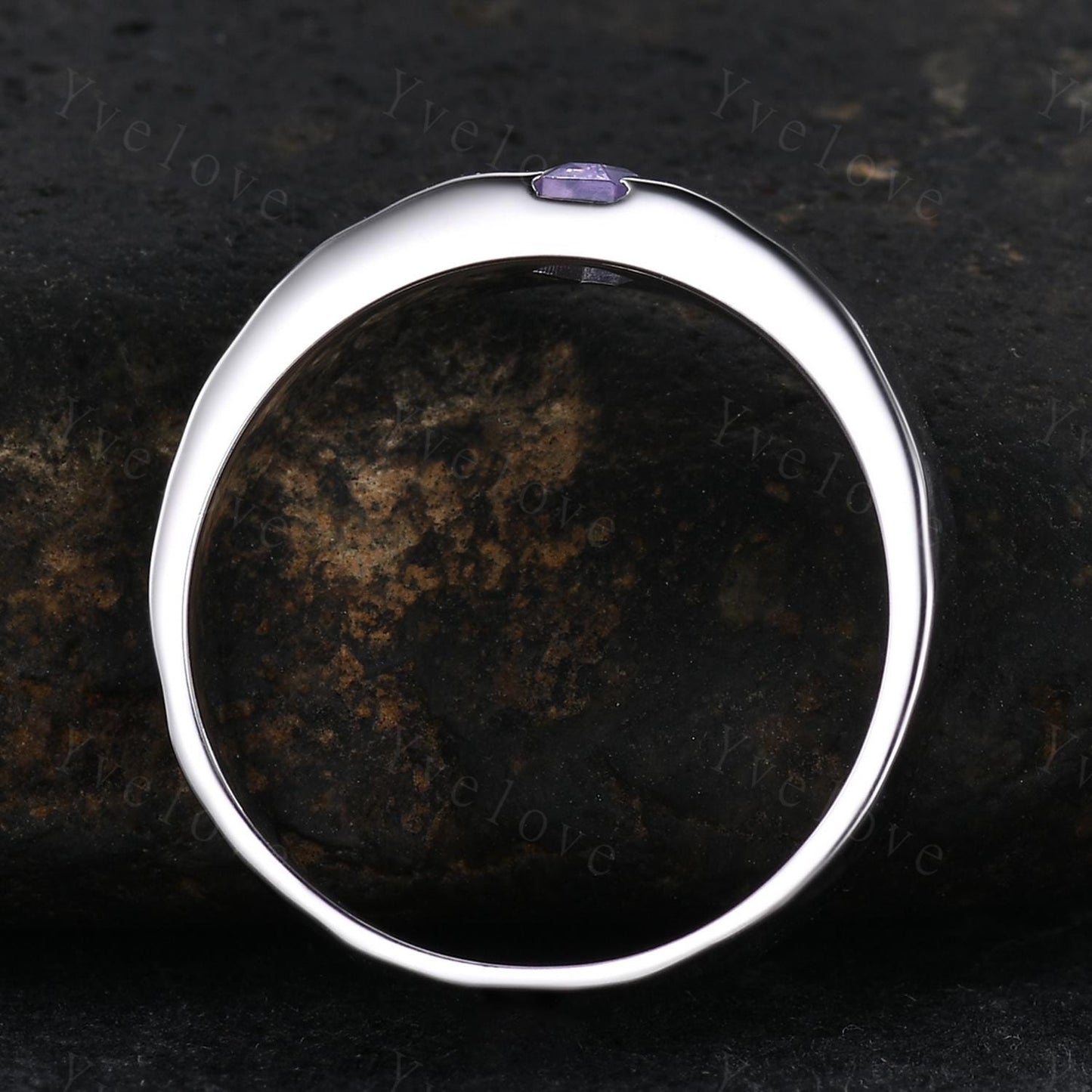 7mm Mens Coffin Cut Amethyst Wedding Band Lavender Amethyst Engagement Ring Hammered Finish White Gold Band Mens Stacking Matching Band