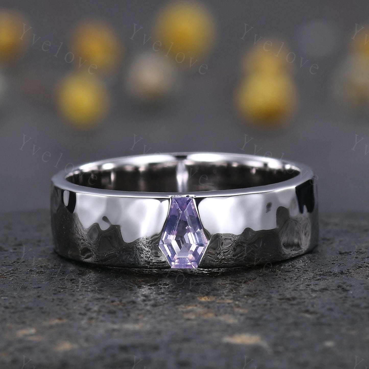 7mm Mens Coffin Cut Amethyst Wedding Band Lavender Amethyst Engagement Ring Hammered Finish White Gold Band Mens Stacking Matching Band