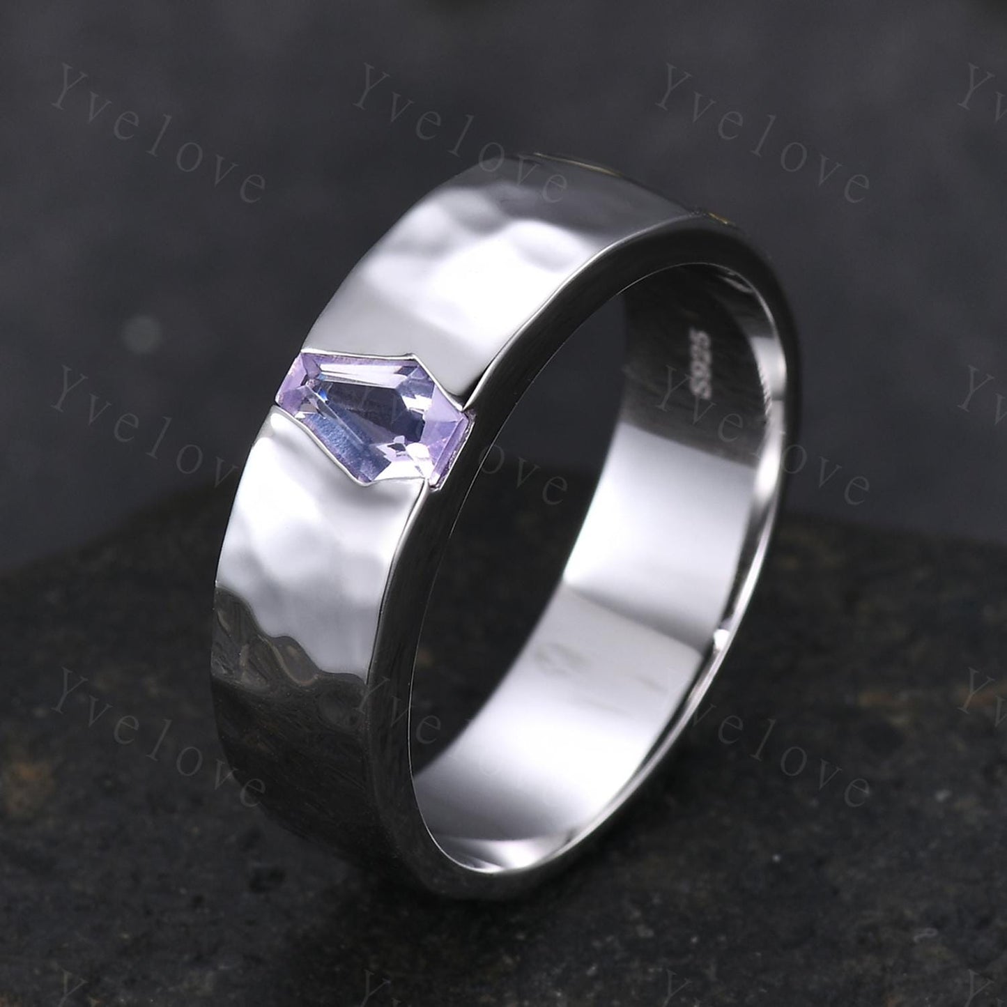 7mm Mens Coffin Cut Amethyst Wedding Band Lavender Amethyst Engagement Ring Hammered Finish White Gold Band Mens Stacking Matching Band