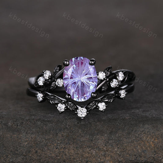 Vintage firework alexandrite engagement ring black gold twig leaf moissanite ring nature branch ring unique art deco bridal wedding ring set