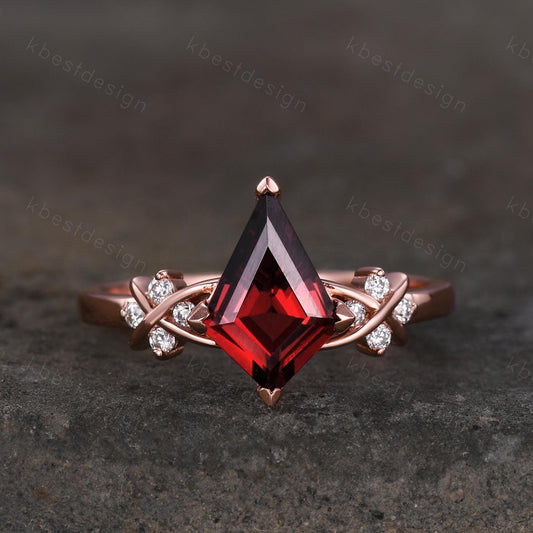 Kite cut Garnet engagement ring unique twig cluster moissanite ring rose gold ring for women January birthstone ring promise ring gift