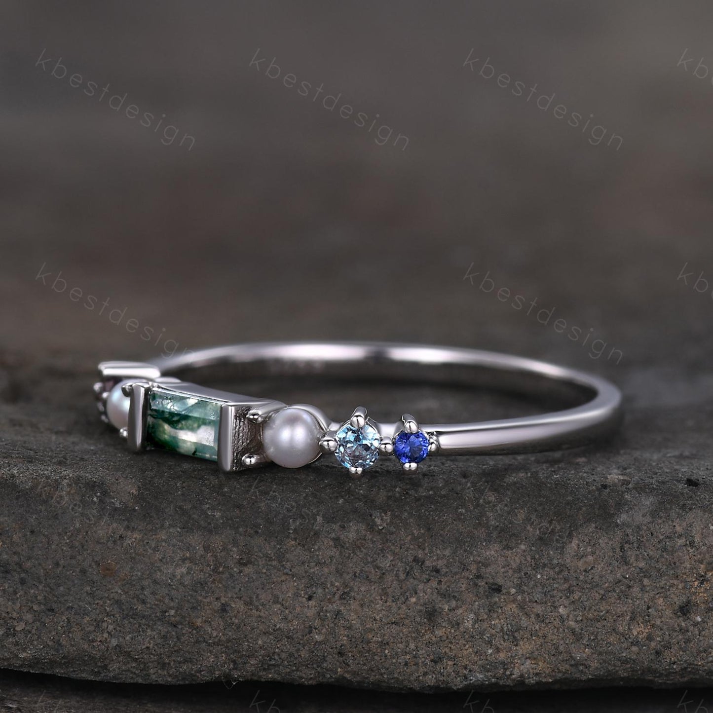 Baguette Moss Agate Ring,Alexandrite and Pearl Wedding Band,Unique Multi Gemstone Ring,Birthstone Jewelry,Gift For Mom,Personalized Gift