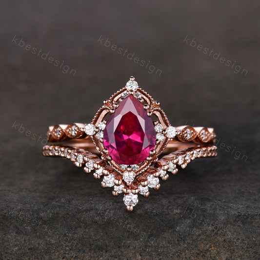Vintage Ruby engagement ring rose gold ring art deco curved stacking band pear shaped bridal set unique moissanite wedding set