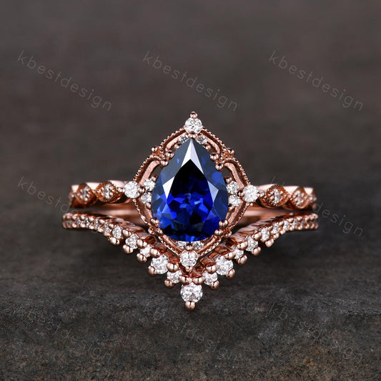 Vintage blue sapphire engagement ring rose gold ring art deco curved stacking band pear shaped bridal set unique moissanite wedding set