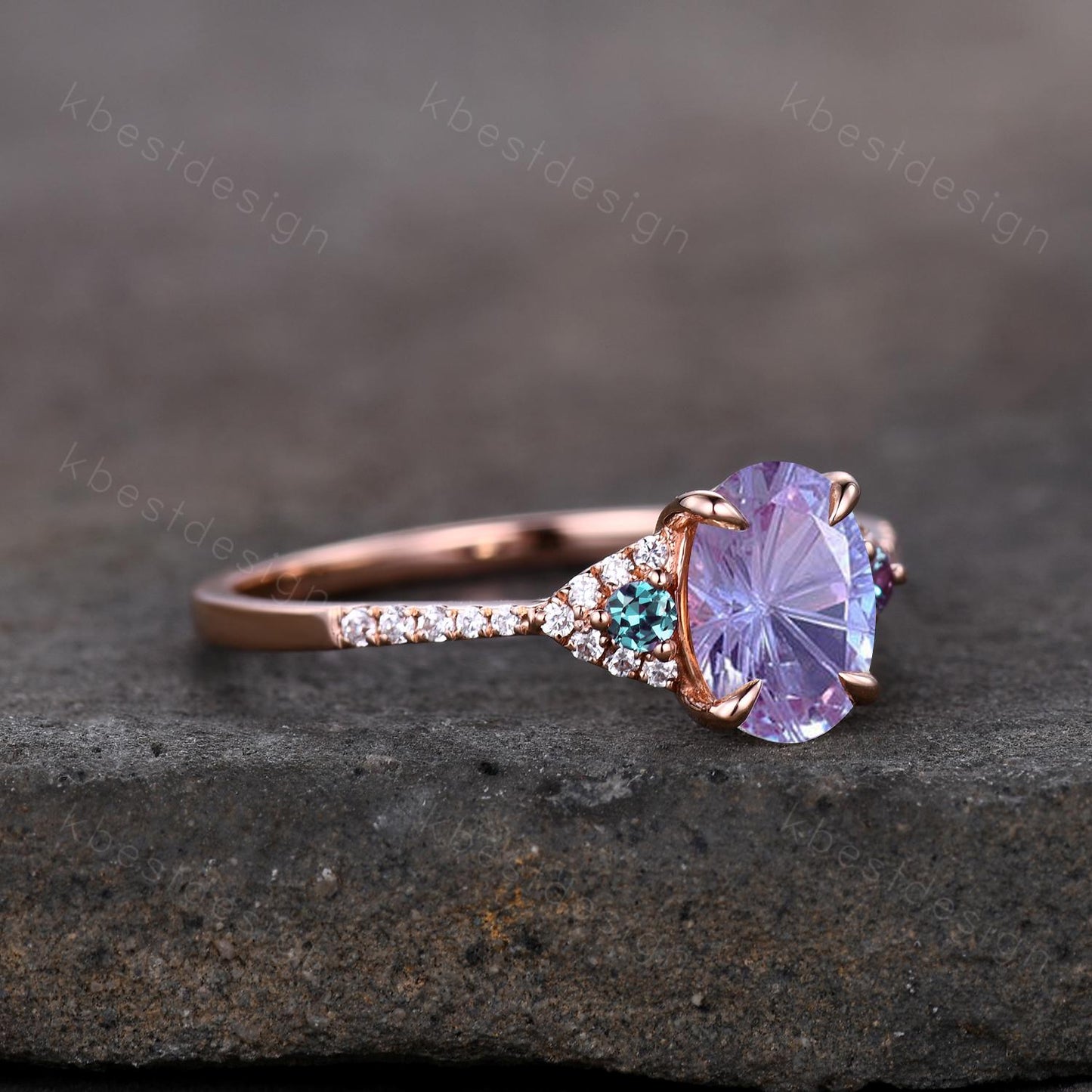 Firework cut alexandrite engagement ring rose gold art deco three stone ring oval cut bridal ring unique alexandrite promise ring for her