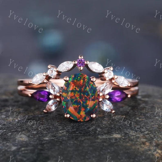 Vintage Black Fire Opal Engagement Ring Set Rose Gold Women Moissanite Amethyst Gem Matching Band Promise Bridal Stacking Ring Gift for her