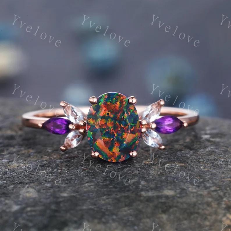 Vintage Black Fire Opal Engagement Ring Set Rose Gold Women Moissanite Amethyst Gem Matching Band Promise Bridal Stacking Ring Gift for her