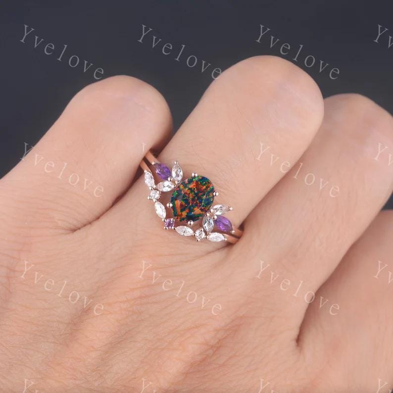 Vintage Black Fire Opal Engagement Ring Set Rose Gold Women Moissanite Amethyst Gem Matching Band Promise Bridal Stacking Ring Gift for her