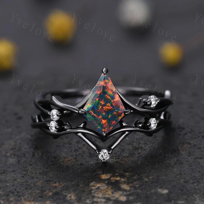 Unique Kite Cut Black Fire Opal Engagement Ring,Vintage Twig Moissanite Ring,Branch Ring,Rose Gold Ring Promise Ring Bridal Set For Women