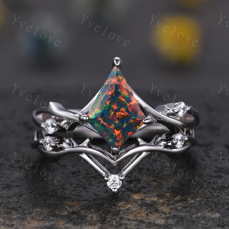 Unique Kite Cut Black Fire Opal Engagement Ring,Vintage Twig Moissanite Ring,Branch Ring,Rose Gold Ring Promise Ring Bridal Set For Women