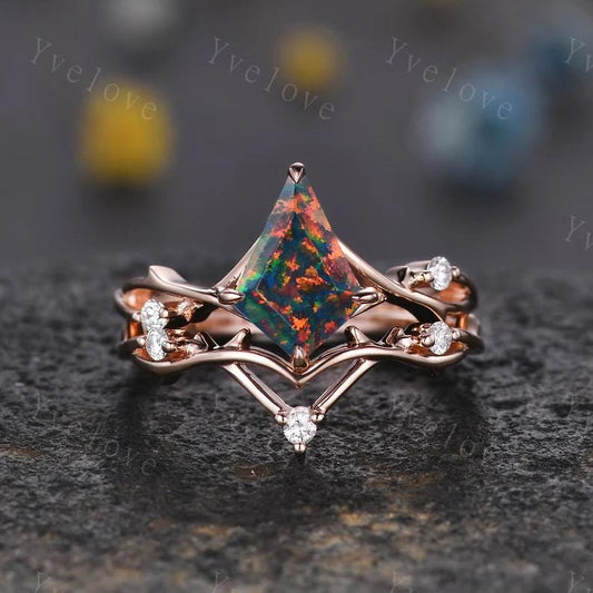 Unique Kite Cut Black Fire Opal Engagement Ring,Vintage Twig Moissanite Ring,Branch Ring,Rose Gold Ring Promise Ring Bridal Set For Women