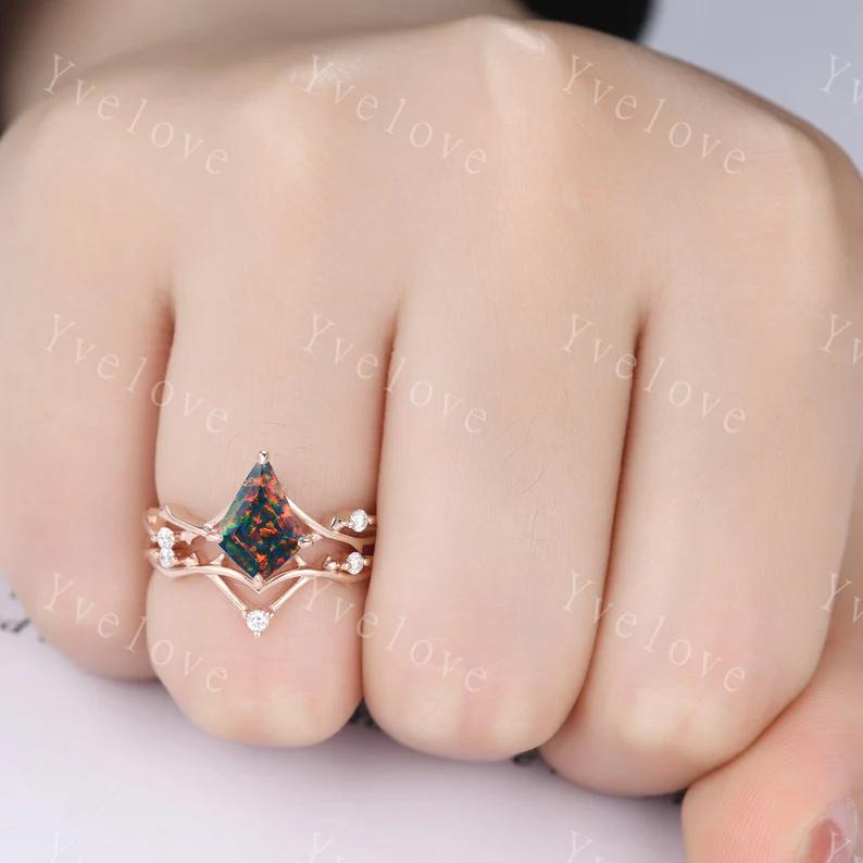 Unique Kite Cut Black Fire Opal Engagement Ring,Vintage Twig Moissanite Ring,Branch Ring,Rose Gold Ring Promise Ring Bridal Set For Women