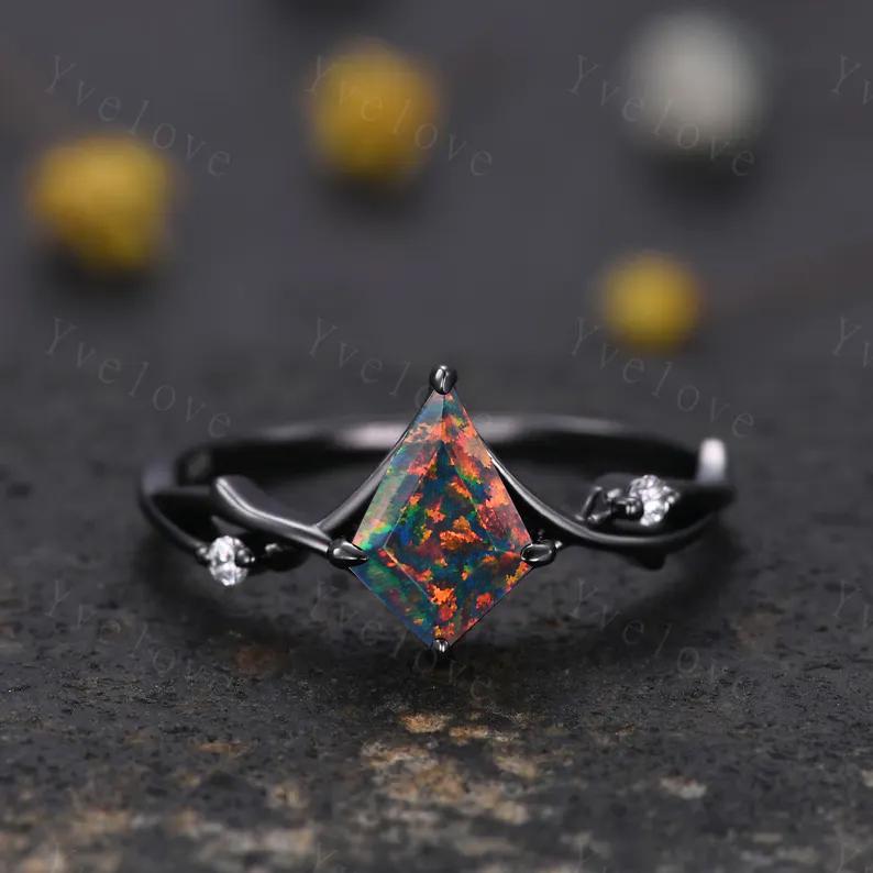 Unique Kite Cut Black Fire Opal Engagement Ring,Vintage Twig Moissanite Ring,Branch Ring,Rose Gold Ring Promise Ring Bridal Set For Women