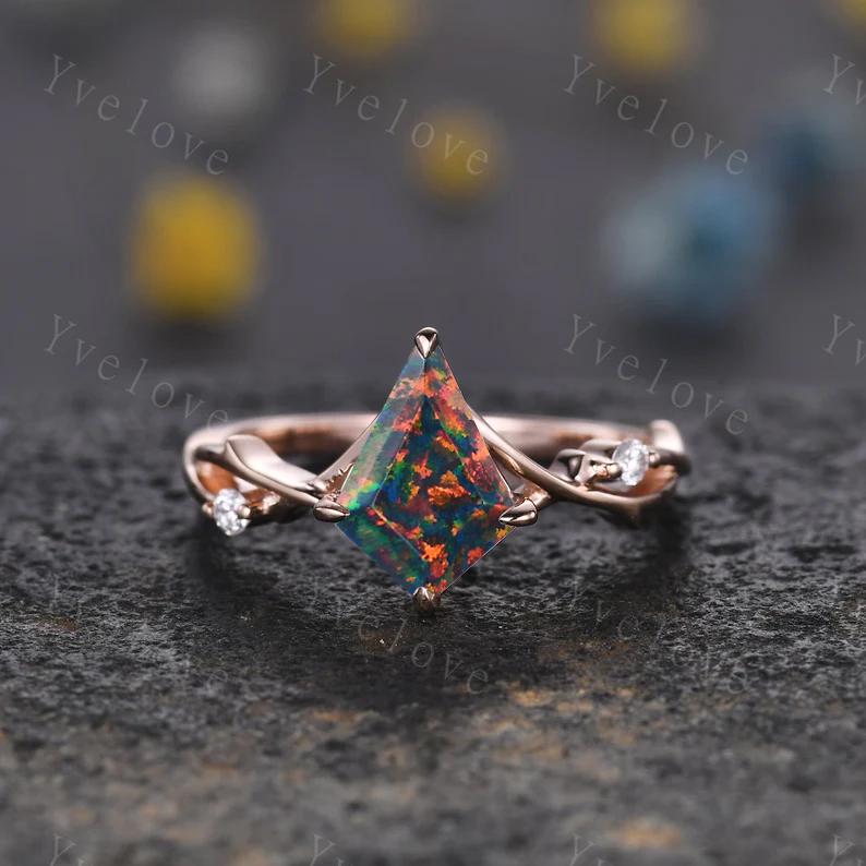 Unique Kite Cut Black Fire Opal Engagement Ring,Vintage Twig Moissanite Ring,Branch Ring,Rose Gold Ring Promise Ring Bridal Set For Women