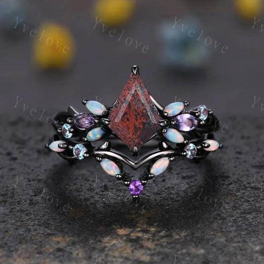 Vintage Kite Natural Bloodstone Engagement Ring Set,14k Black Gold,Vines Amethyst Opal Ring,Women Bridal Set,Unique Twig Promise Ring Gift