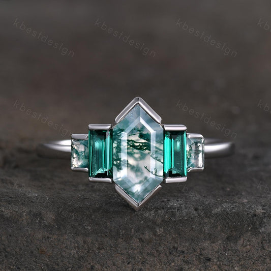 Hexagon cut Moss Agate ring Unique Five stone engagement ring Baguette Emerald ring Bezel set ring Vintage Bridal wedding anniversary ring