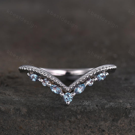 Curved Alexandrite wedding band sterling silver wedding band Unique art deco alexandrite stacking band Anniversary ring Women gift