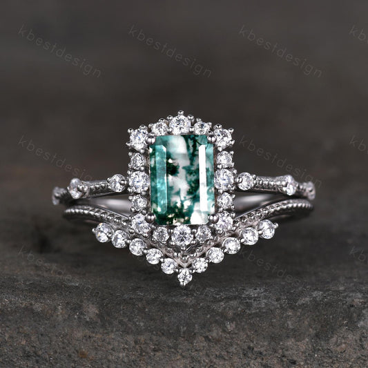 Emerald cut moss agate engagement ring set sterling silver green moss agate ring unique curved Moissanite stacking band bridal wedding set