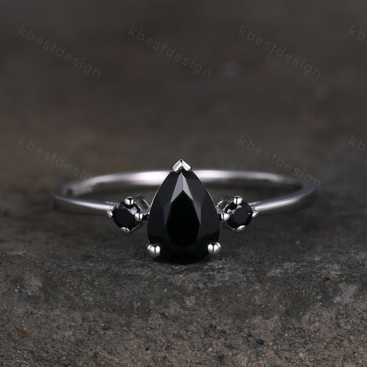 Pear Shaped Black Onyx Engagement Ring Dainty Silver Ring Black Gemstone Ring Minimalist Bridal Ring Anniversary Gift Handmade Ring